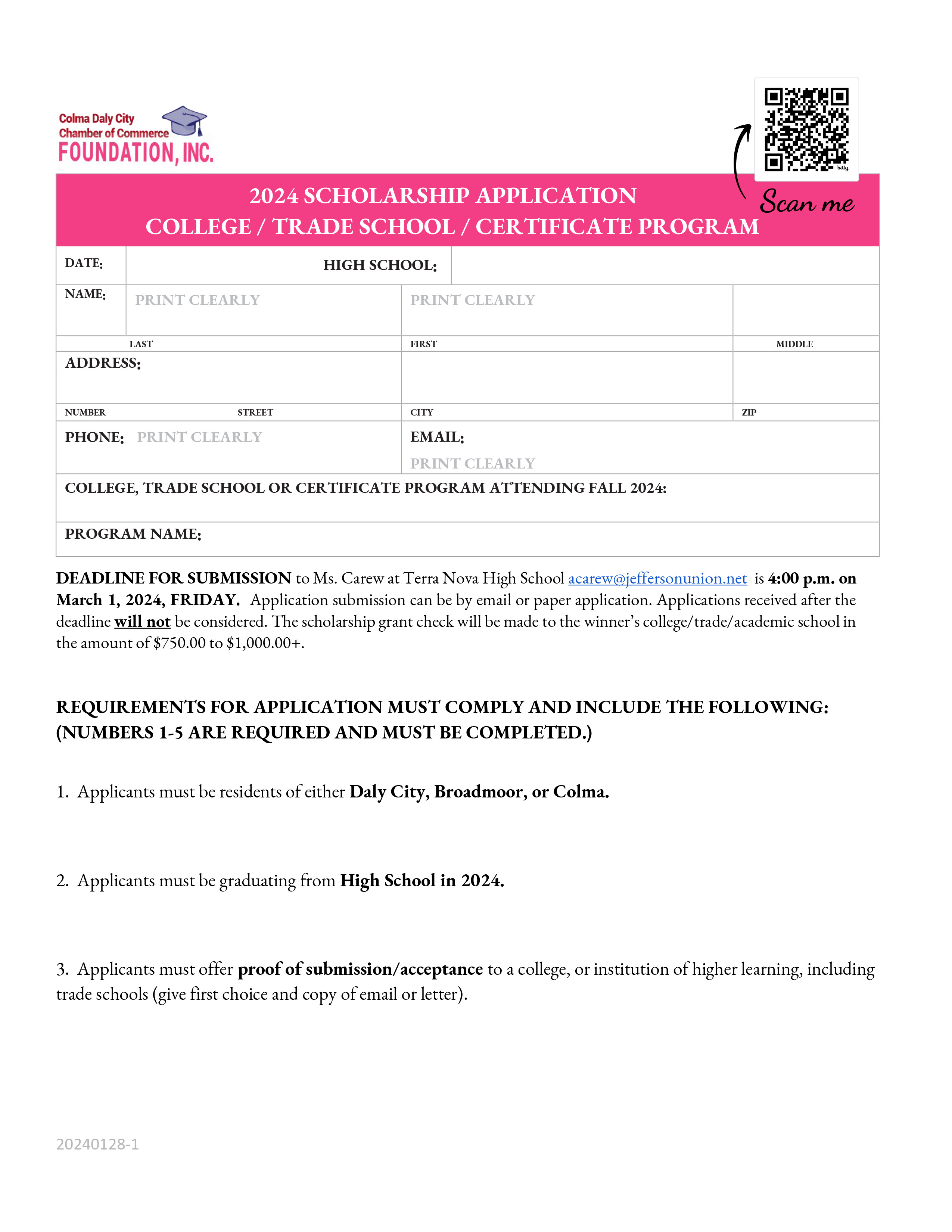 Page 1 of 3 Access to Higher Education Scholarship Application for Broadmoor, Daly City and Colma High School Seniors DUE  MARCH 1,2024